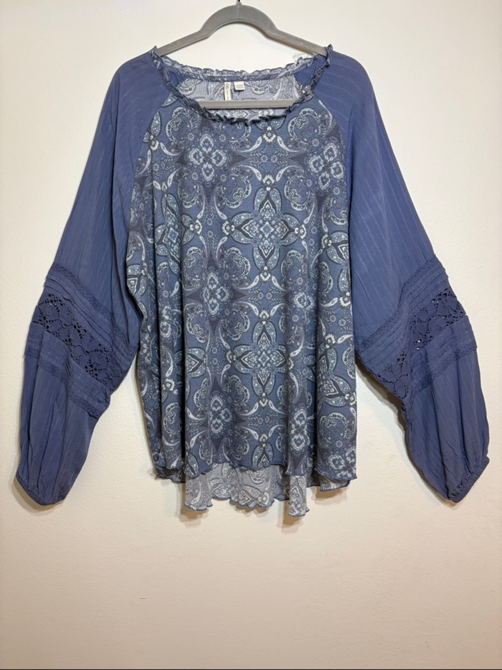 Cato Blue Paisley Lace-Trim Peasant Blouse